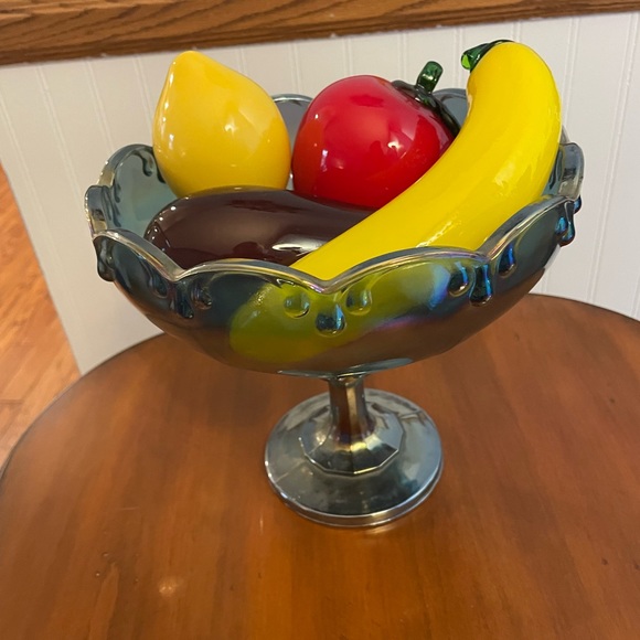 Vintage Indiana Glass Blue Carnival Compote Centerpiece Bowl & Glass Fruit - Picture 8 of 12